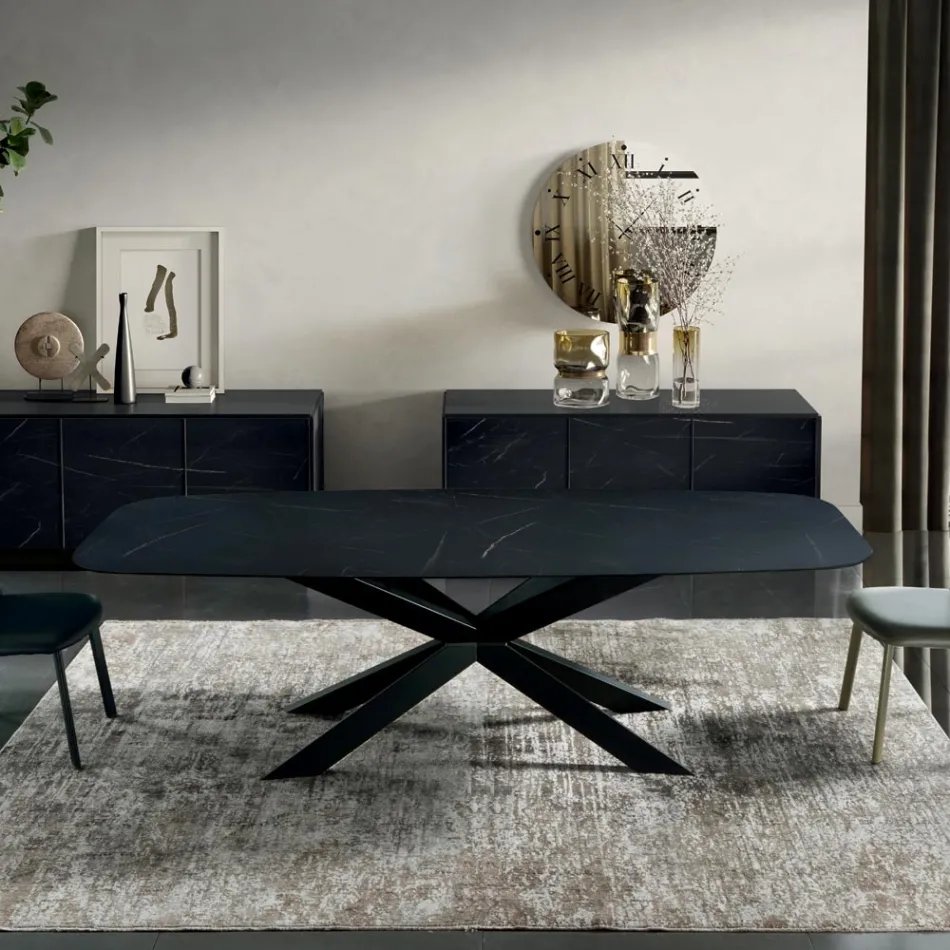 Tavolo da Pranzo a Botte in Laminato Effetto Marmo Made in Italy - Grotta Viadurini