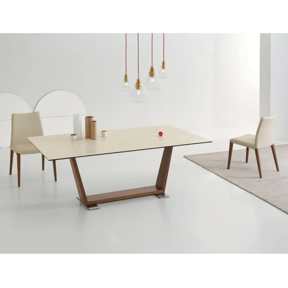 Tavolo da Pranzo Allungabile a 3 m in Ceramica e Gambe in Legno - Cesteo Viadurini