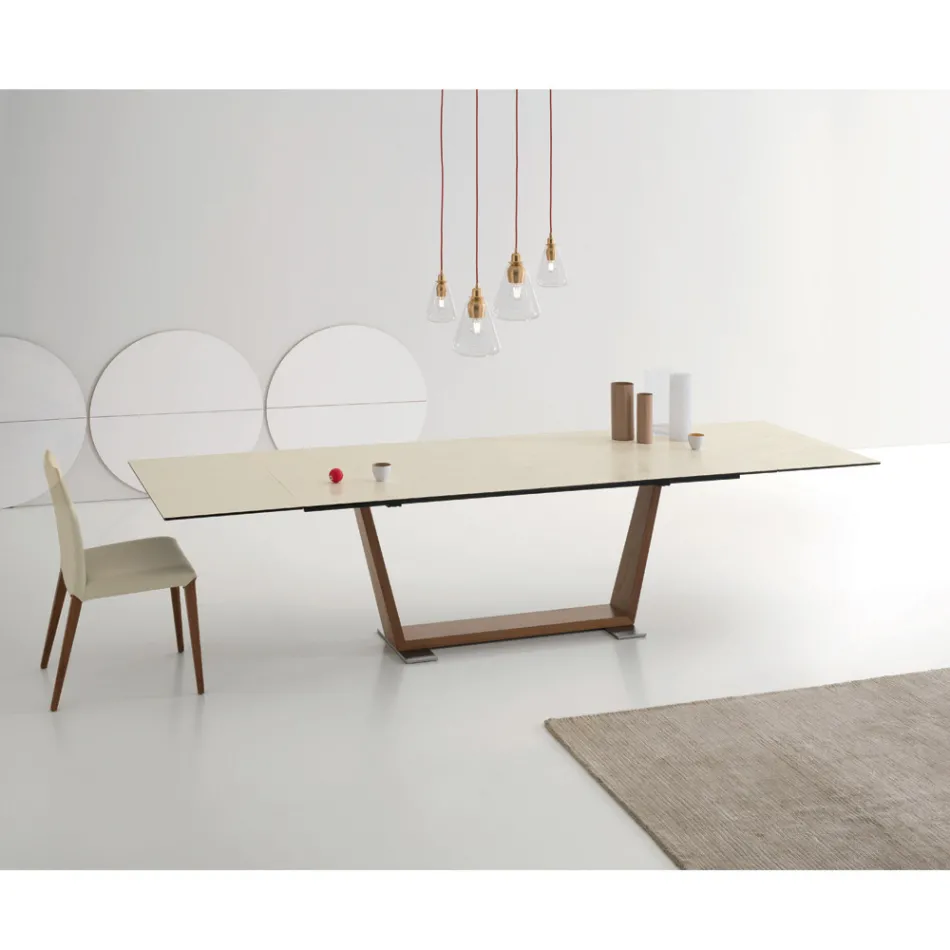 Tavolo da Pranzo Allungabile a 3 m in Ceramica e Gambe in Legno - Cesteo Viadurini