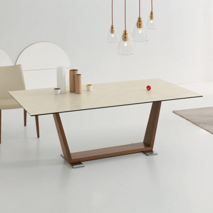 Tavolo da Pranzo Allungabile a 3 m in Ceramica e Gambe in Legno - Cesteo Viadurini