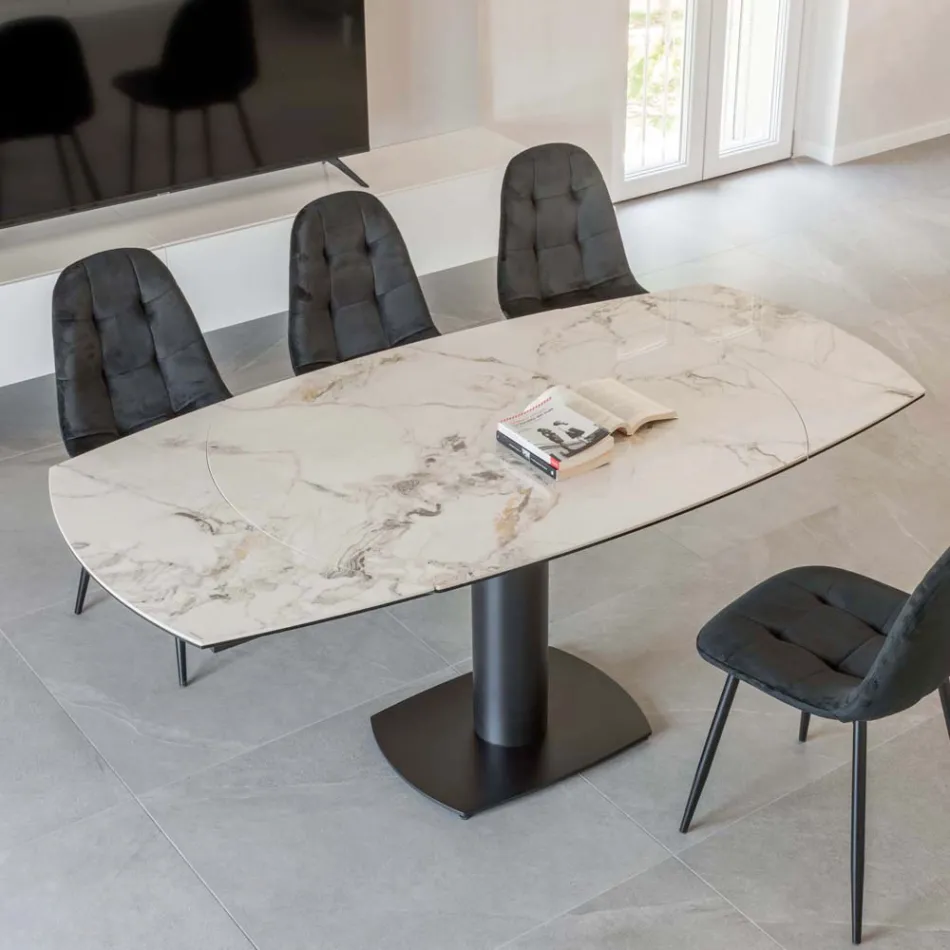 Tavolo da Pranzo Allungabile in Ceramica e Base Metallo - Indira Viadurini