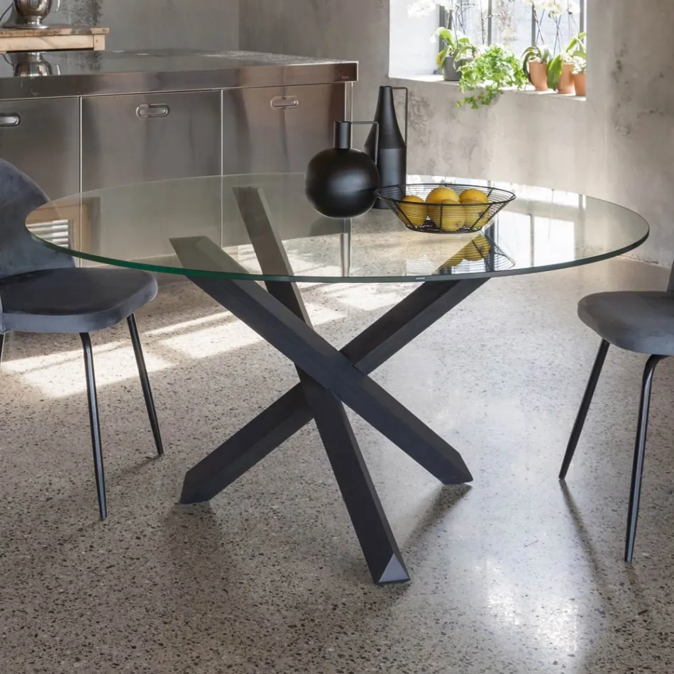 Tavolo da Pranzo Base Faggio Massello e Piano Vetro Temperato - Evergreen Viadurini