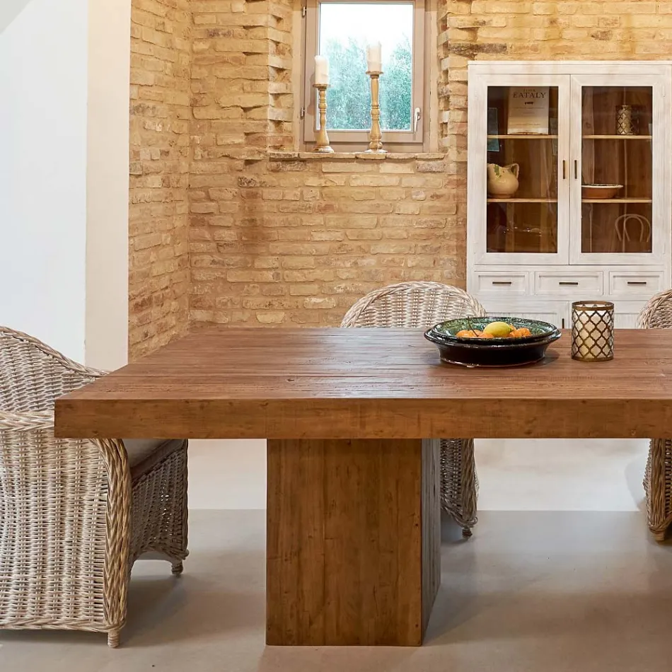 Tavolo da Pranzo con Doppio basamento e 4 Sedie in Rattan - Slide Viadurini