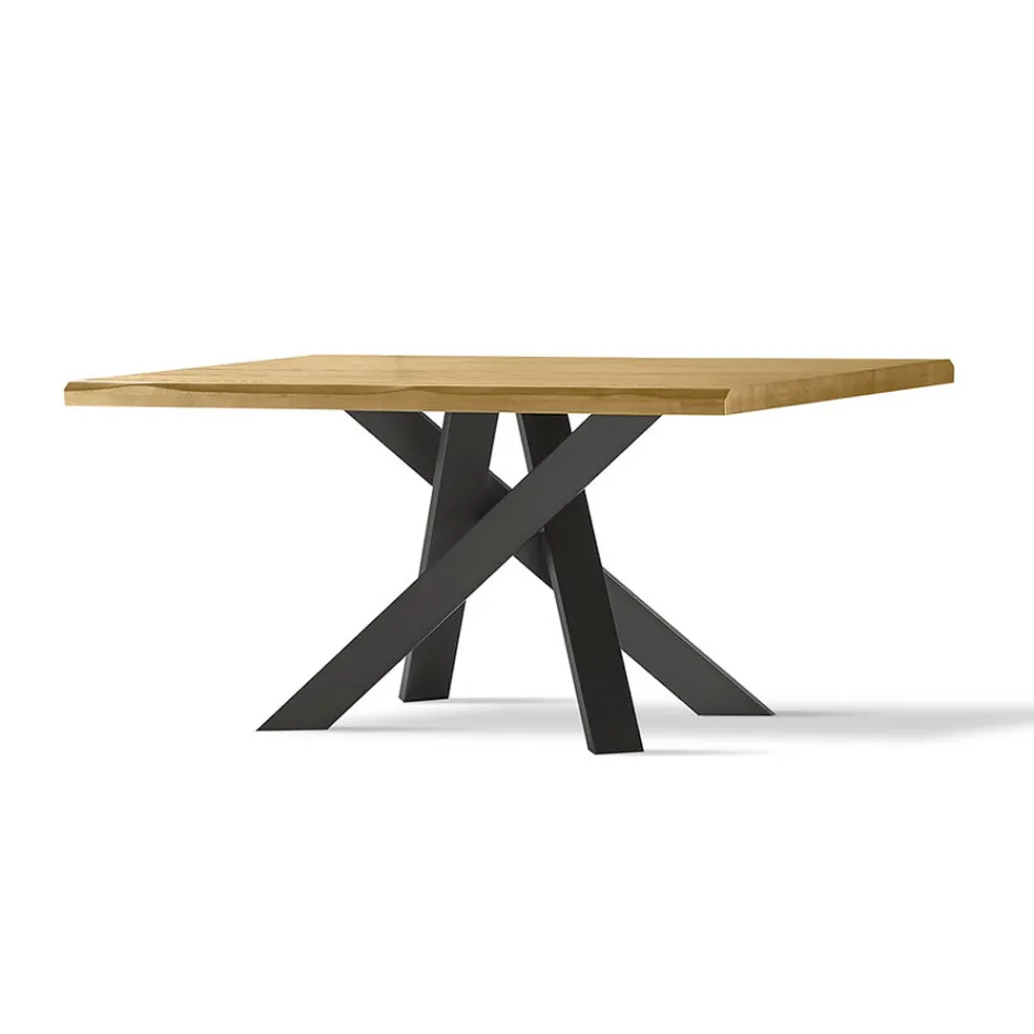Tavolo da Pranzo con Piano in Vero Legno Massello e Base in Metallo - Ibisco Viadurini