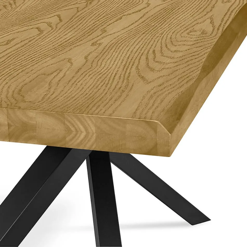 Tavolo da Pranzo con Piano in Vero Legno Massello e Base in Metallo - Ibisco Viadurini