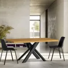 Tavolo da Pranzo con Piano in Vero Legno Massello e Base in Metallo - Ibisco Viadurini