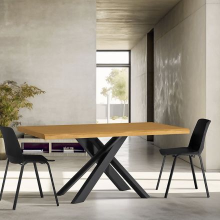 Tavolo da Pranzo con Piano in Vero Legno Massello e Base in Metallo - Ibisco Viadurini
