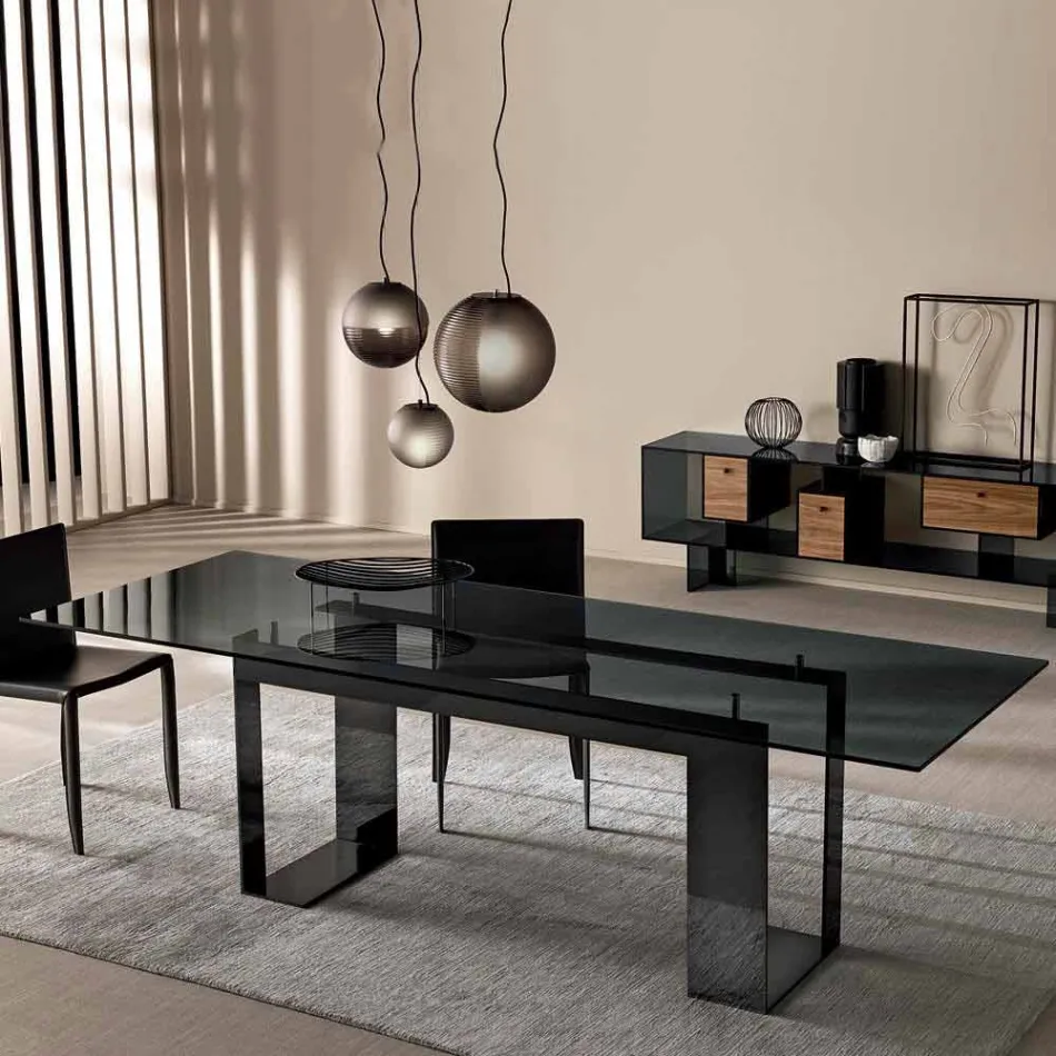 Tavolo da Pranzo con Piano in Vetro Fumè e Base Metallo 4 Dimensioni - Speck Viadurini