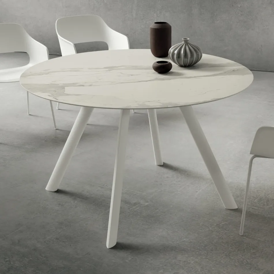 Tavolo da Pranzo con Piano Rotondo in Laminam Realizzato in Italia - Lingotto Viadurini