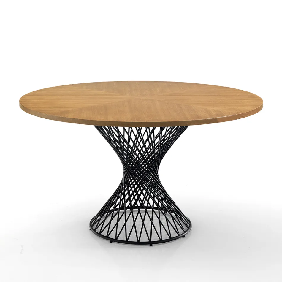 Tavolo da Pranzo con Piano Rotondo in Mdf Impiallacciato Rovere - Emmanuel Viadurini