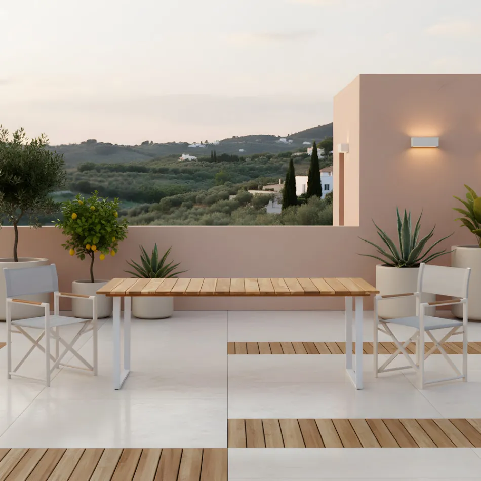 Tavolo da Pranzo da Esterno con Piano in Teak Naturale Spazzolato - Mistral Viadurini