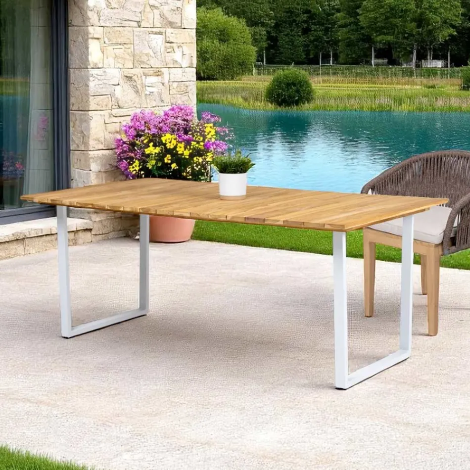 Tavolo da Pranzo da Esterno con Piano in Teak Naturale Spazzolato - Mistral Viadurini