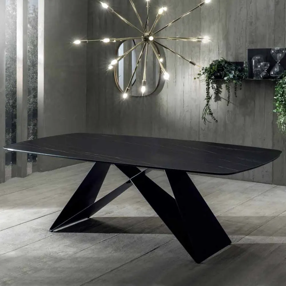 Tavolo da Pranzo di Design in Ceramica Effetto Portoro e Metallo Opaco - Falcon Viadurini