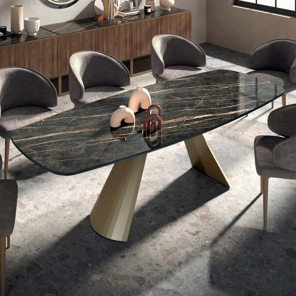 Tavolo da Pranzo Fisso con Piano a Botte in Ceramica Made in Italy - Occhiali Viadurini