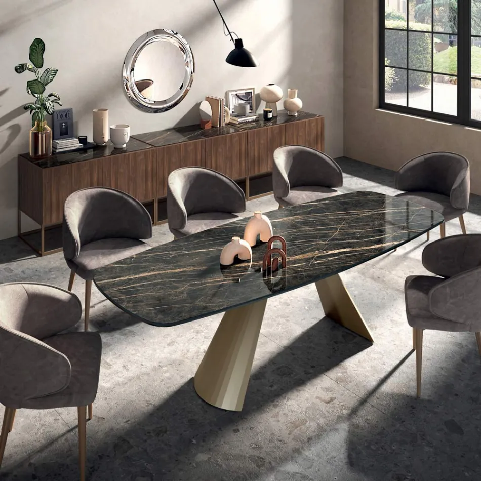 Tavolo da Pranzo Fisso con Piano a Botte in Ceramica Made in Italy - Occhiali Viadurini