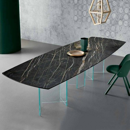 Tavolo da Pranzo in Ceramica e Base in Vetro Extrachiaro Made in Italy – Random Viadurini