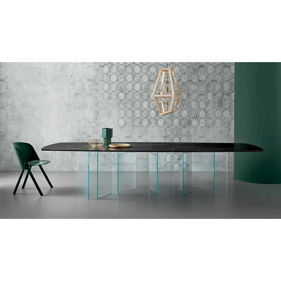Tavolo da Pranzo in Ceramica e Base in Vetro Extrachiaro Made in Italy – Random Viadurini