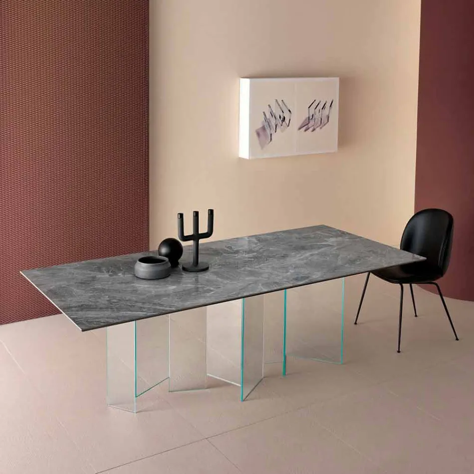 Tavolo da Pranzo in Ceramica e Base in Vetro Extrachiaro Made in Italy – Random Viadurini