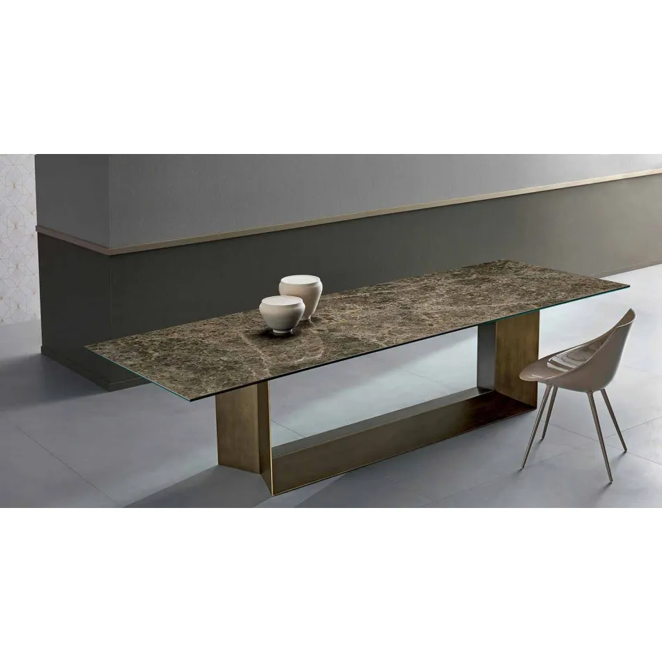 Tavolo da Pranzo in Ceramica Emperador e Metallo Bronzo Made in Italy – Moro Viadurini