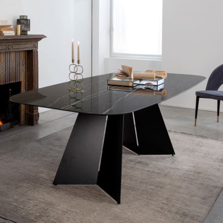 Tavolo da Pranzo in Ceramica Florim Thunder Night Lucido e Acciaio - Medunotav Viadurini