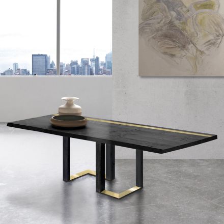 Tavolo da Pranzo in Legno di Rovere Nodato e Elementi Metallici Made in Italy - Giusy Viadurini