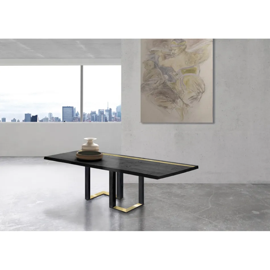 Tavolo da Pranzo in Legno di Rovere Nodato e Elementi Metallici Made in Italy - Giusy Viadurini