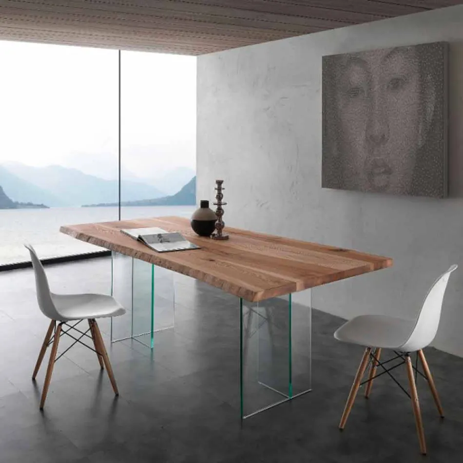 Tavolo da pranzo in legno massello e vetro Marlon Viadurini