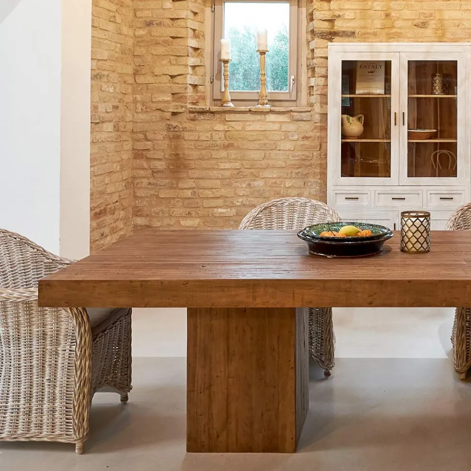 Tavolo da Pranzo in Legno Tropicale Reciclato con Doppio Basamento - Slide Viadurini
