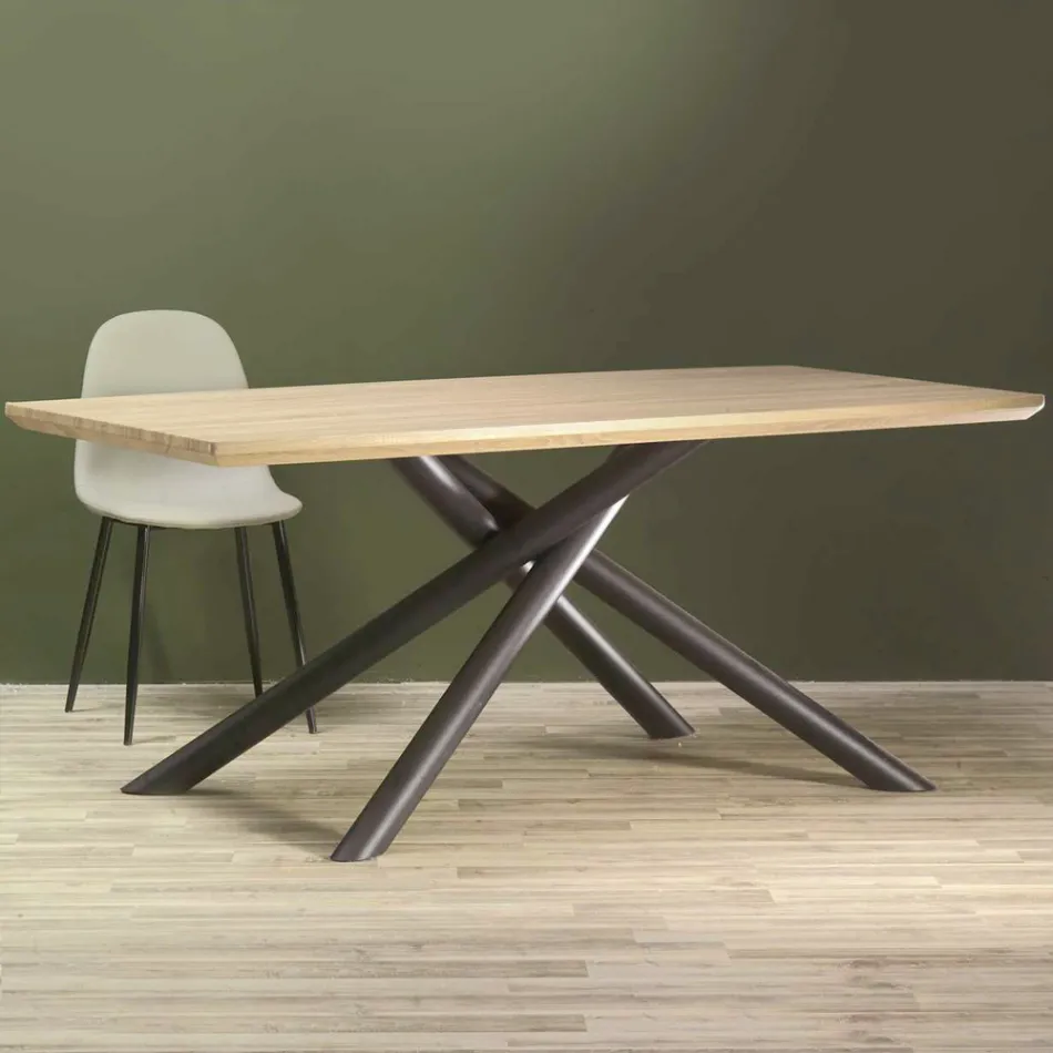Tavolo da Pranzo in MDF Effetto Legno e Base in Metallo Nero - Tramonto Viadurini