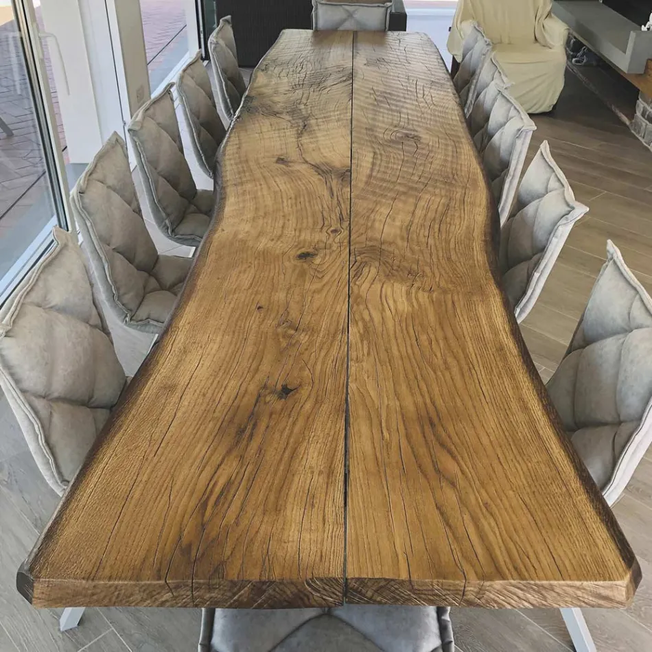 Tavolo da Pranzo in Quercia Secolare e Metallo Made in Italy - Dite, Pezzo unico Viadurini