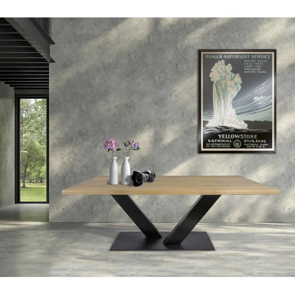 Tavolo da Pranzo in Rovere Placcato Masellato e Metallo Made in Italy - Riad Viadurini