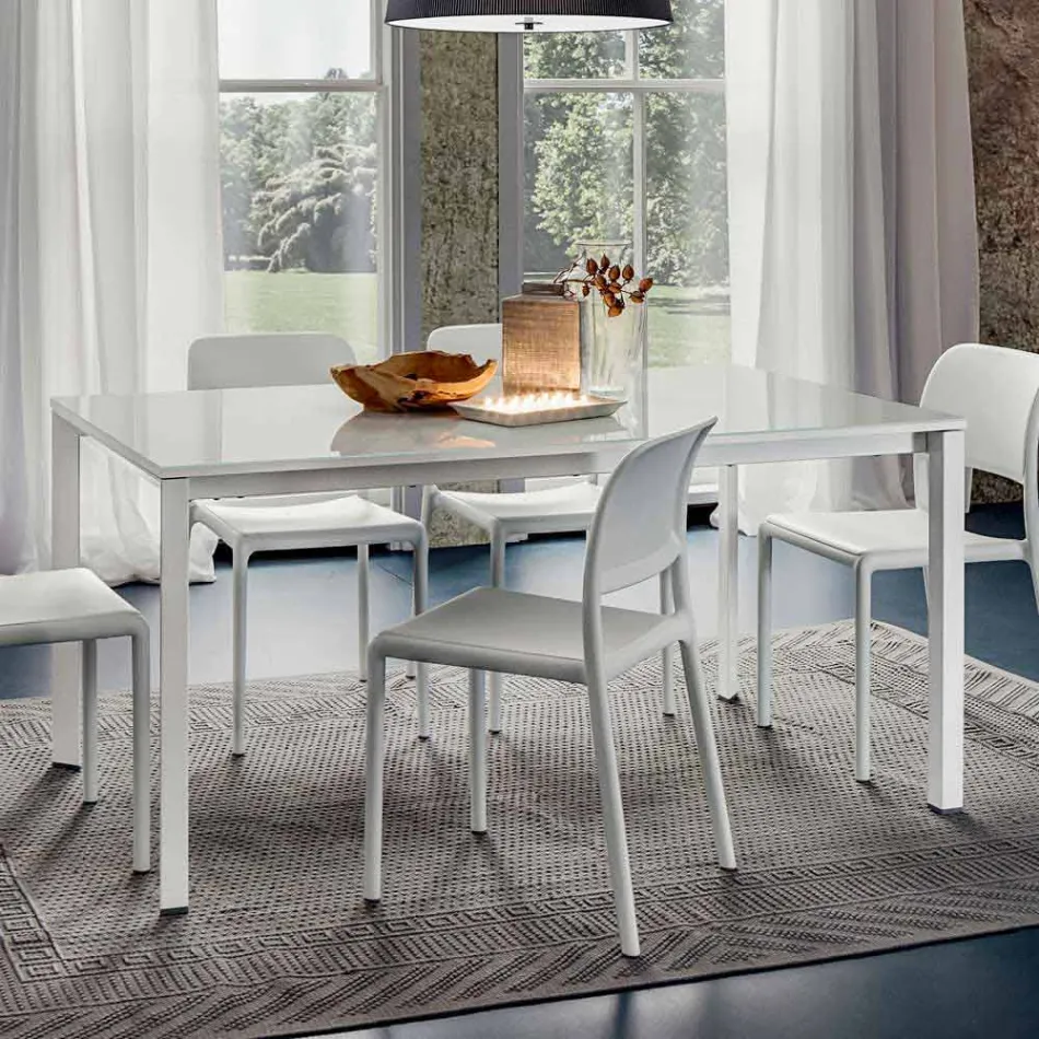 Tavolo da Pranzo in Vetro Bianco e Metallo Verniciato Made in Italy - Spilla Viadurini
