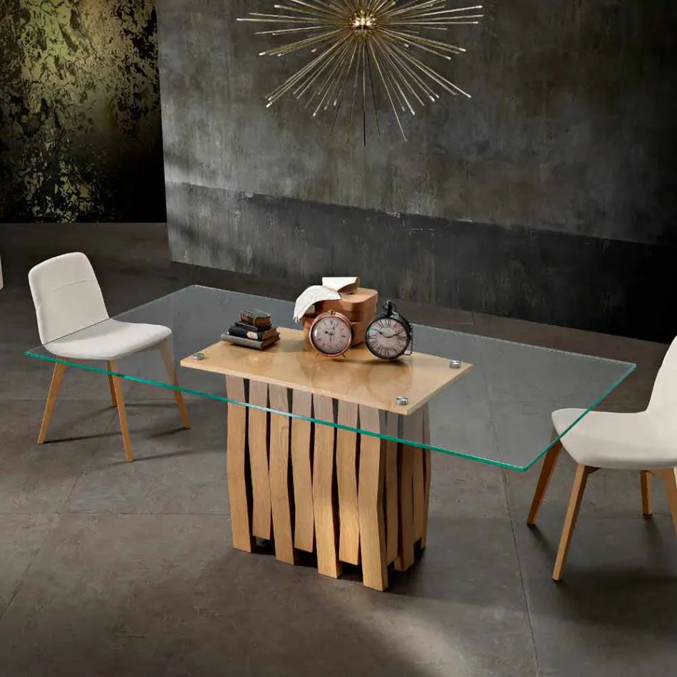 Tavolo da pranzo in vetro e legno massello made in Italy, Egisto Viadurini
