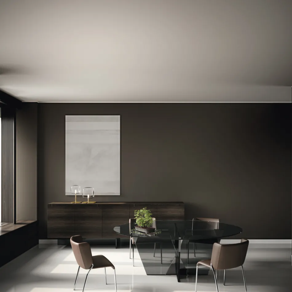 Tavolo da Pranzo Ovale con Piano e Base in Vetro Made in Italy - Tiseo Viadurini