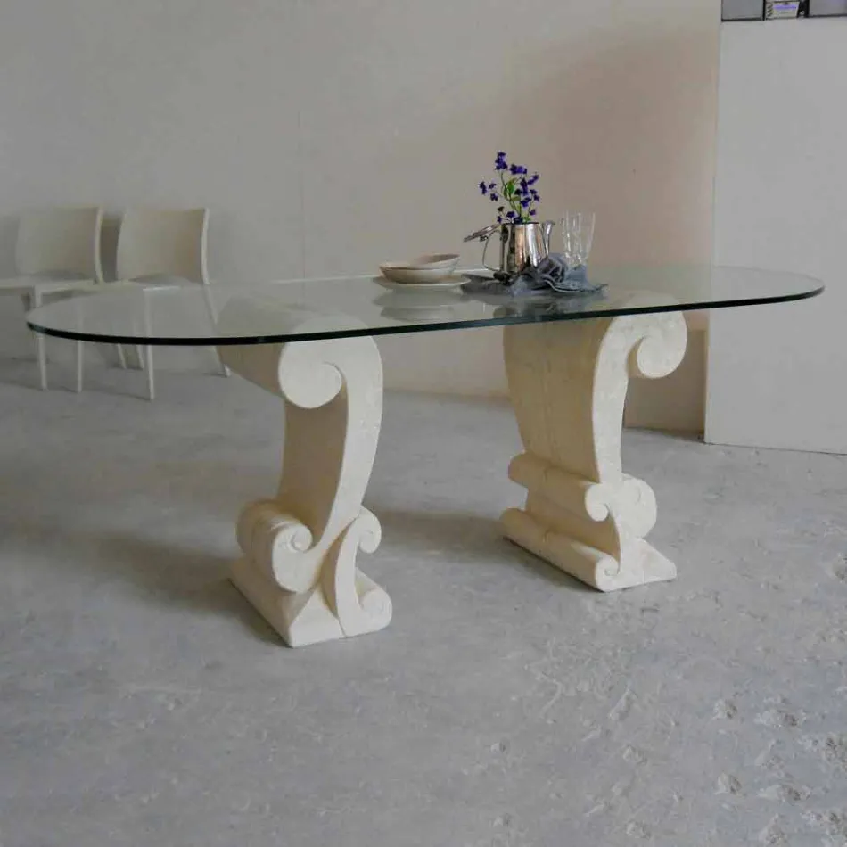 Tavolo da pranzo ovale di pietra e cristallo di design classico Aracne Viadurini