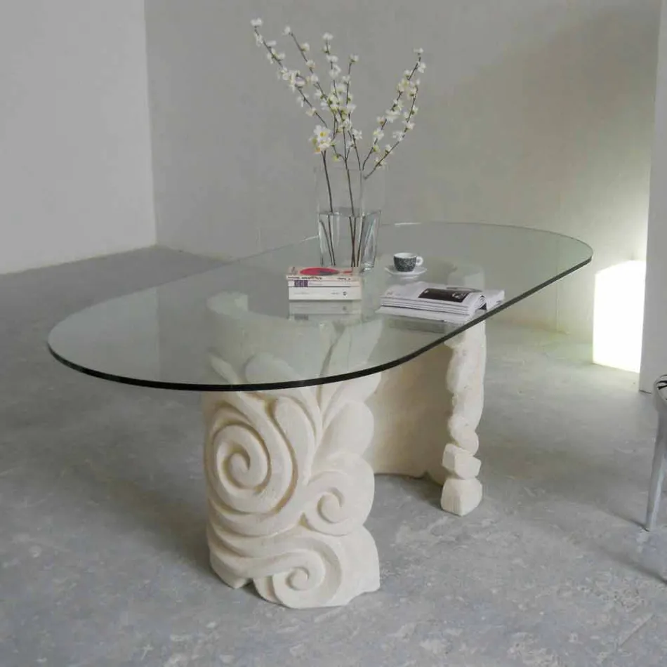 Tavolo da pranzo ovale in pietra e cristallo di design moderno Aden Viadurini
