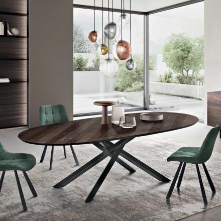 Tavolo da Pranzo Ovale in Rovere Impiallacciato e Base in Metallo Nera - Domo Viadurini