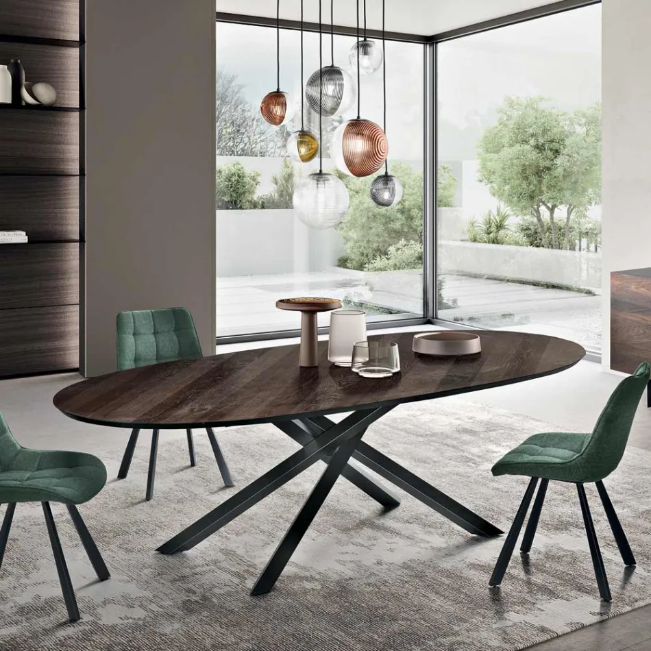 Tavolo da Pranzo Ovale in Rovere Impiallacciato e Base in Metallo Nera - Domo Viadurini