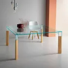 Tavolo da Pranzo Piano in Vetro e Base Legno Massello Made in Italy - Presino  Viadurini