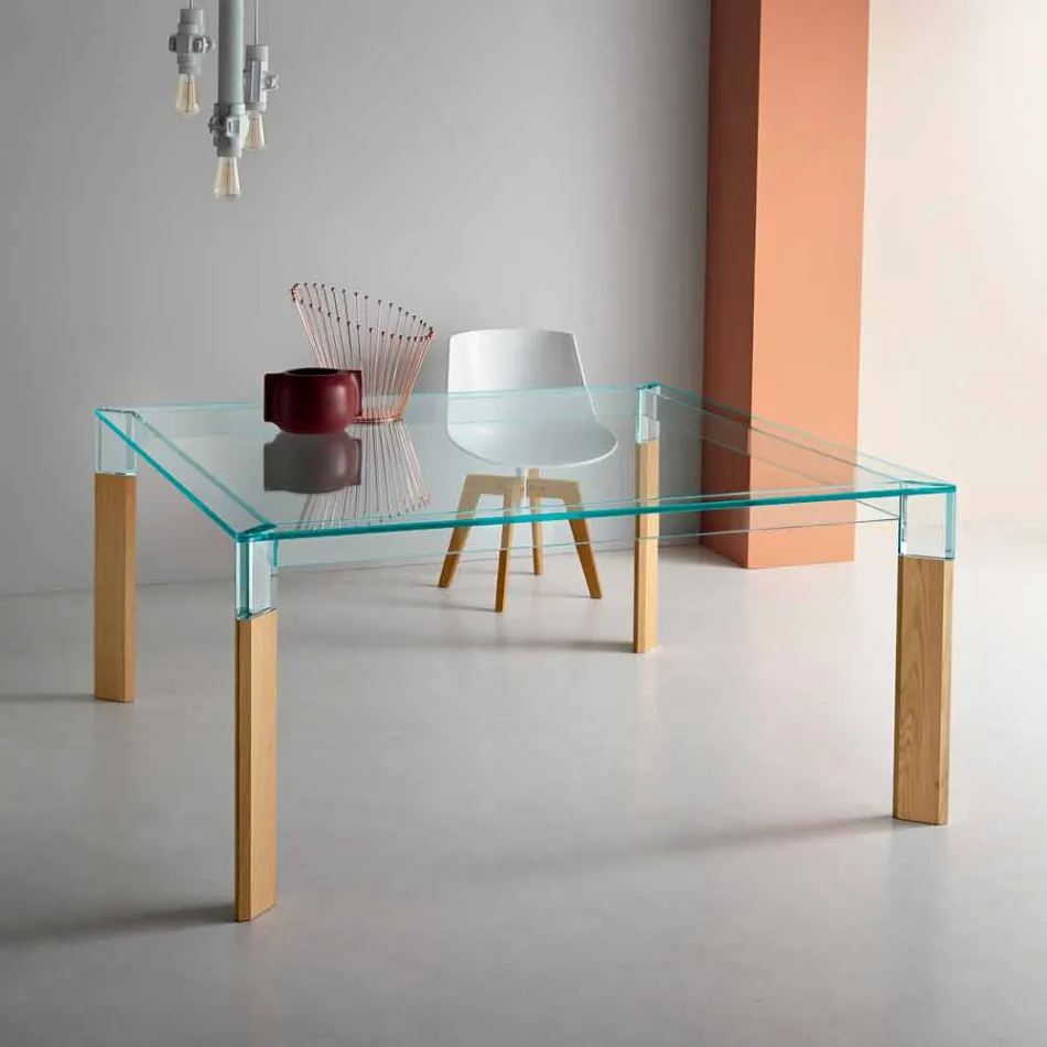 Tavolo da Pranzo Piano in Vetro e Base Legno Massello Made in Italy - Presino  Viadurini