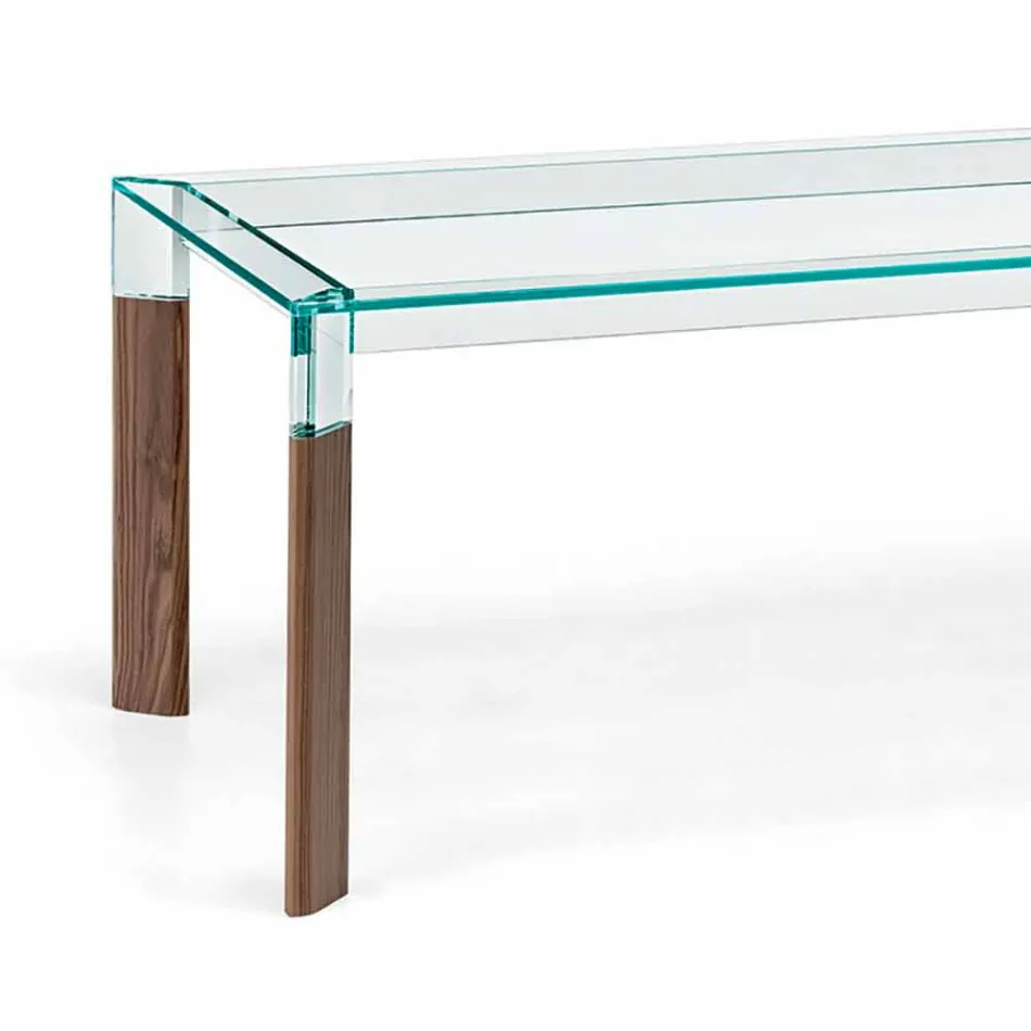 Tavolo da Pranzo Piano in Vetro e Base Legno Massello Made in Italy - Presino  Viadurini