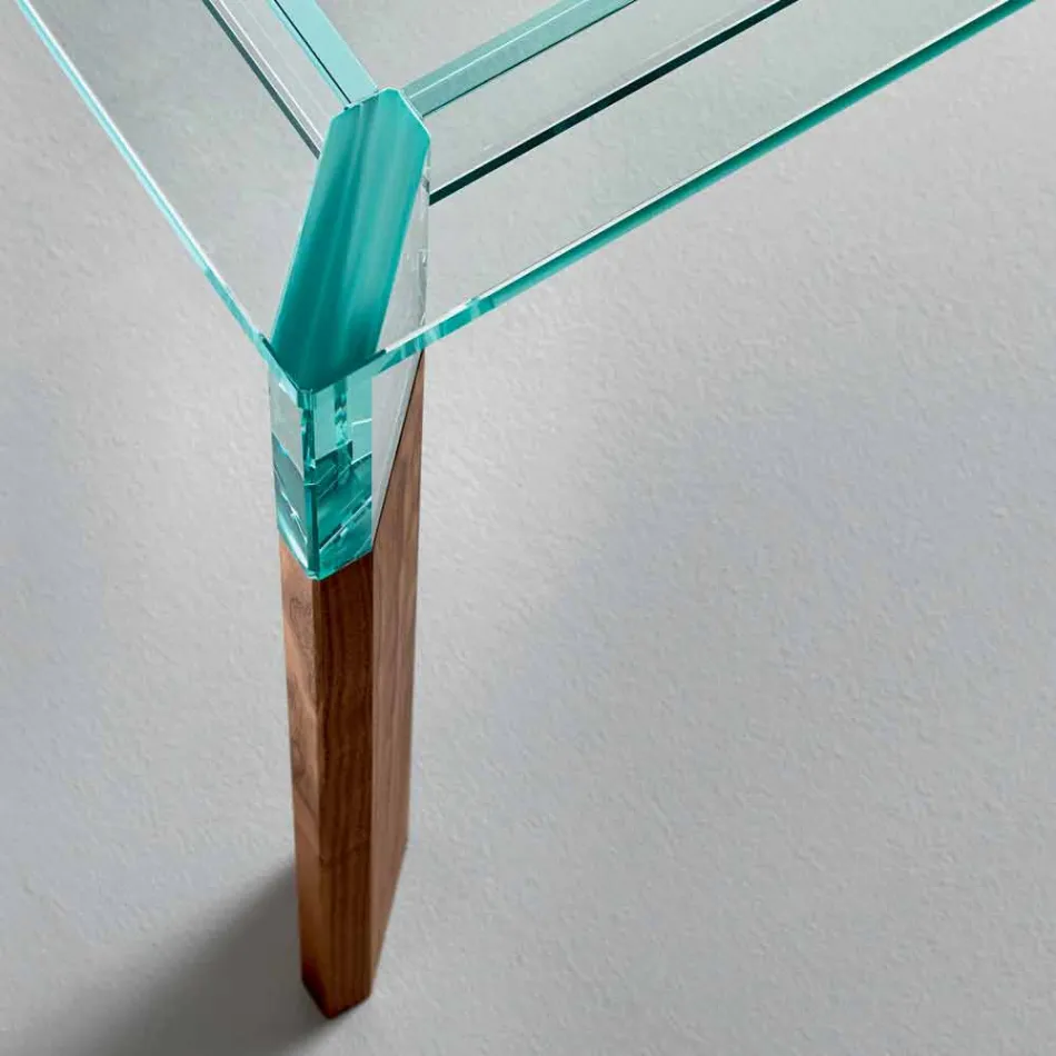Tavolo da Pranzo Piano in Vetro e Base Legno Massello Made in Italy - Presino  Viadurini