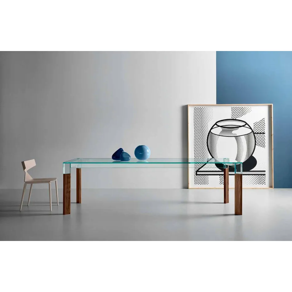 Tavolo da Pranzo Piano in Vetro e Base Legno Massello Made in Italy - Presino  Viadurini