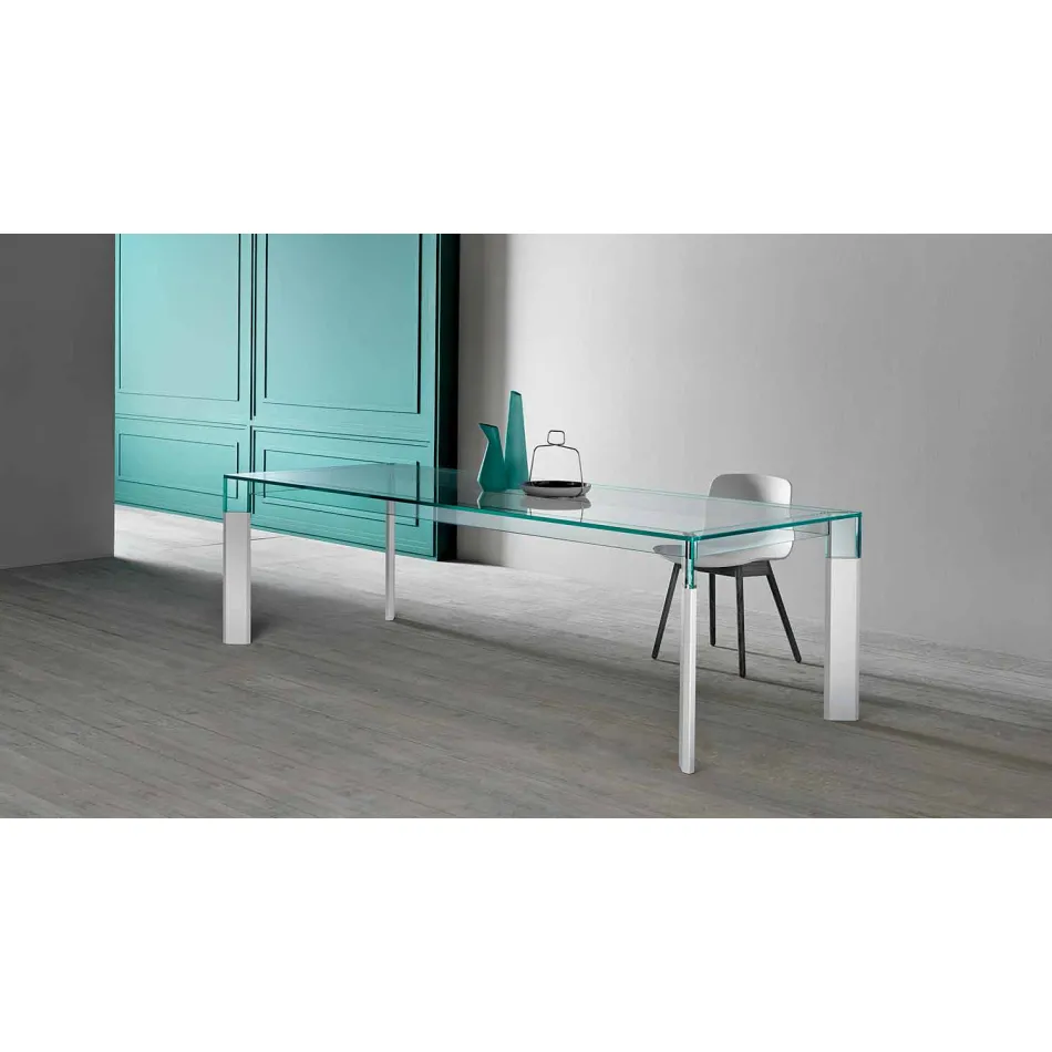 Tavolo da Pranzo Piano in Vetro e Base Legno Massello Made in Italy - Presino  Viadurini