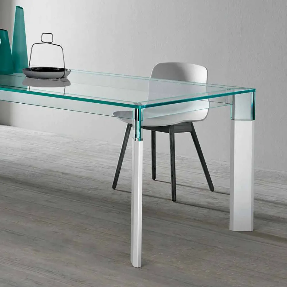 Tavolo da Pranzo Piano in Vetro e Base Legno Massello Made in Italy - Presino  Viadurini