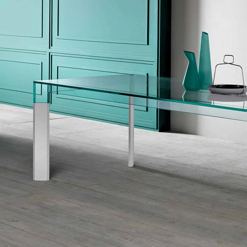 Tavolo da Pranzo Piano in Vetro e Base Legno Massello Made in Italy - Presino  Viadurini
