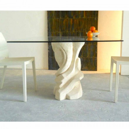 Tavolo da pranzo quadrato in pietra con piano in cristallo Leda Viadurini