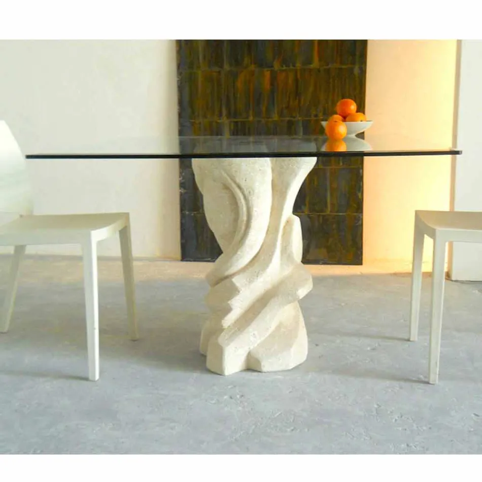 Tavolo da pranzo quadrato in pietra con piano in cristallo Leda Viadurini