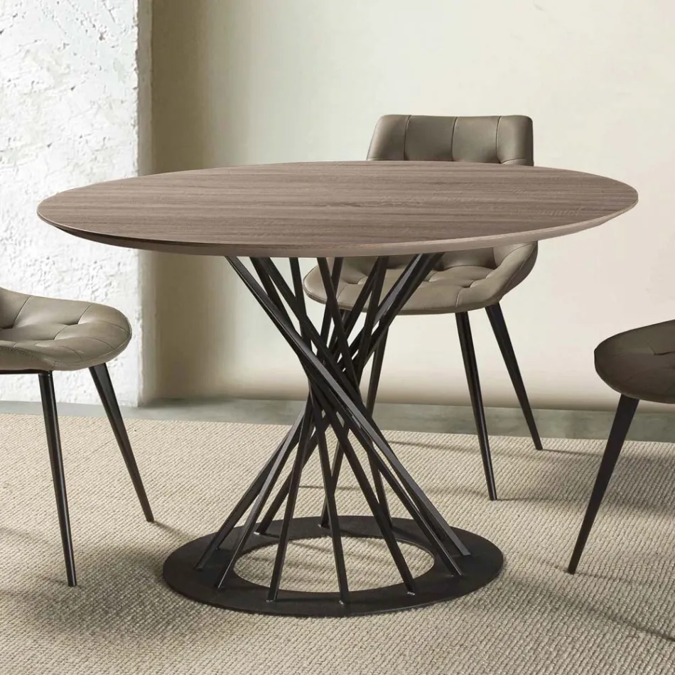 Tavolo da Pranzo Rotondo con Piano in Legno Laminato e Base in Acciaio - Mileto Viadurini