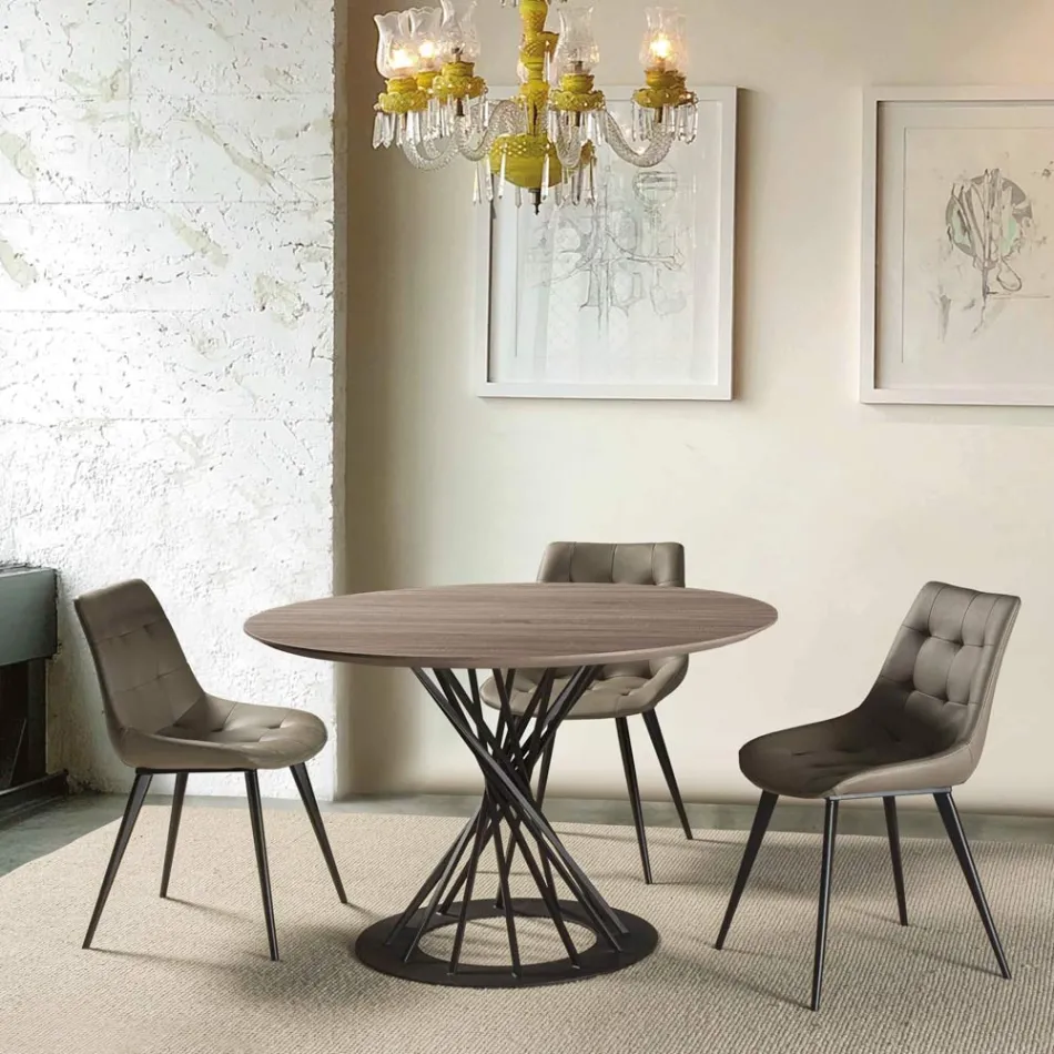 Tavolo da Pranzo Rotondo con Piano in Legno Laminato e Base in Acciaio - Mileto Viadurini